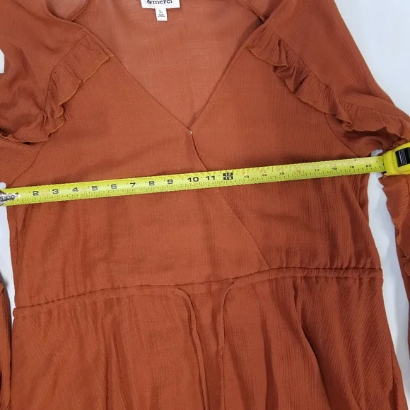 & Merci Woman SzL Romper Ruffle Long Sleeve Drawstring Waist V Neck Burnt Orange - Picture 11 of 13